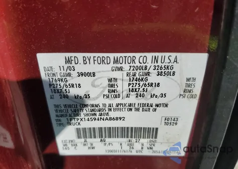 2004 Ford F150 z USA, uszkodzony, nr VIN 1FTPX14594NA86892